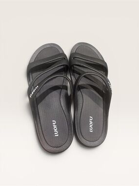 Women's Black Slide Sandals - Strappy Comfort Slippers